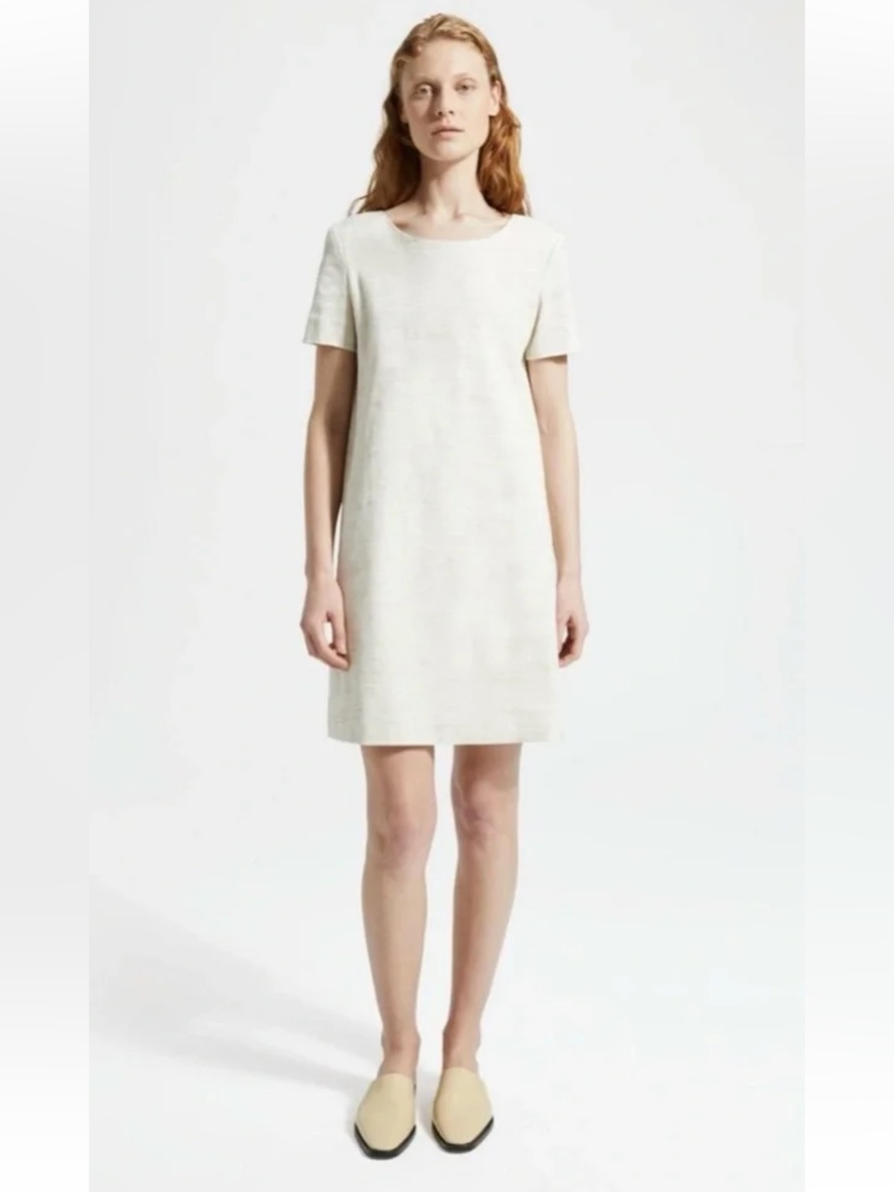 Theory Cream Panel Linen Blend Shift Dress-Sharkskin Crunch